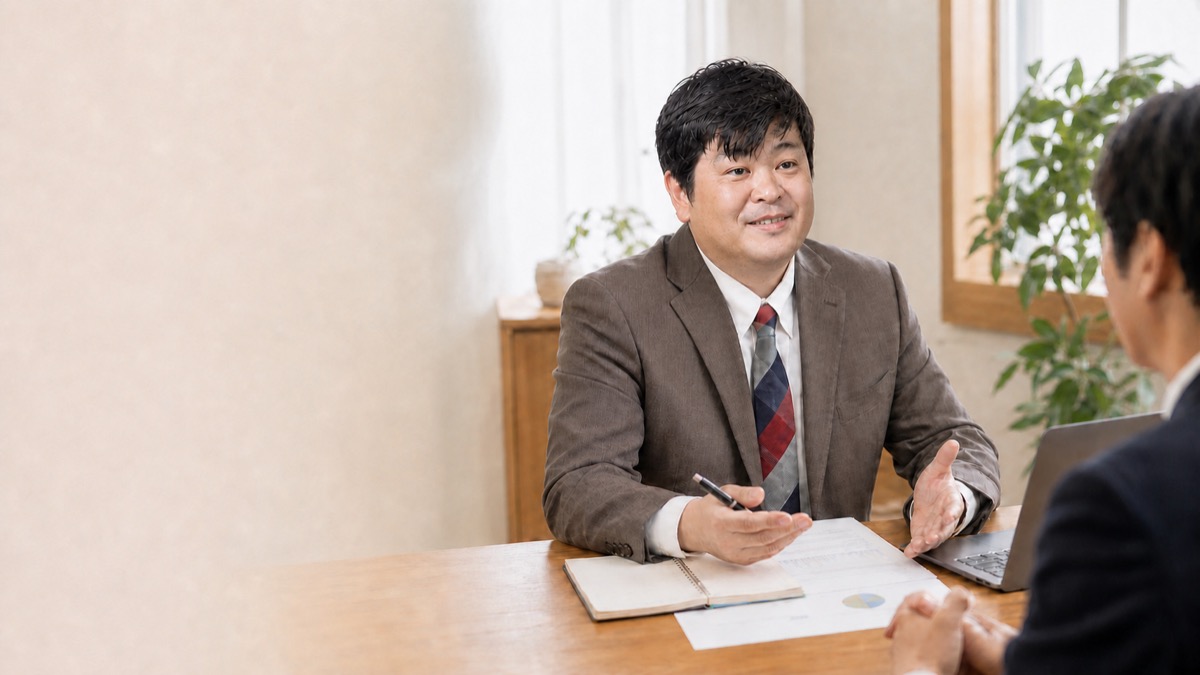 代表の末吉宏成が中小企業の経営相談に応じる様子
