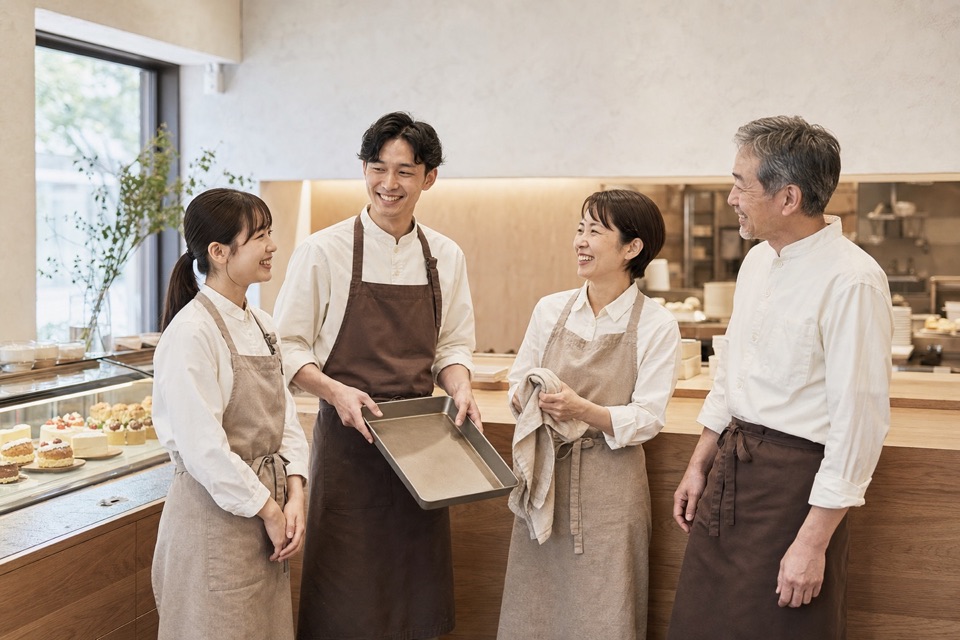 開店準備を終えて自然に笑うパティスリーのスタッフたち